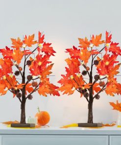 Fall Decorations for Home, 2 Pack 24”/2FT Lighted Fall Maple Leaves Tree with Warm White LEDs Autumn Decor, Pumpkin Lampshade, Pine Cone, Acorn Ornaments Battery Powered Timer for Thanksgiving