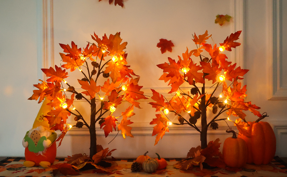 YEAHOME Fall Decorations for Home, 2 Pack 24 inch 2FT Lighted Fall Maple Leaves Tree with Warm White LEDs Autumn Decor