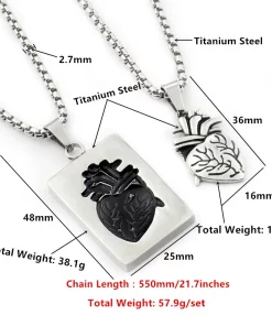 Gothic Anatomical Heart Pendant Necklace Set & Puzzle Couple  Stainless Steel Chain Heart Necklace Collares BFF Jewelry