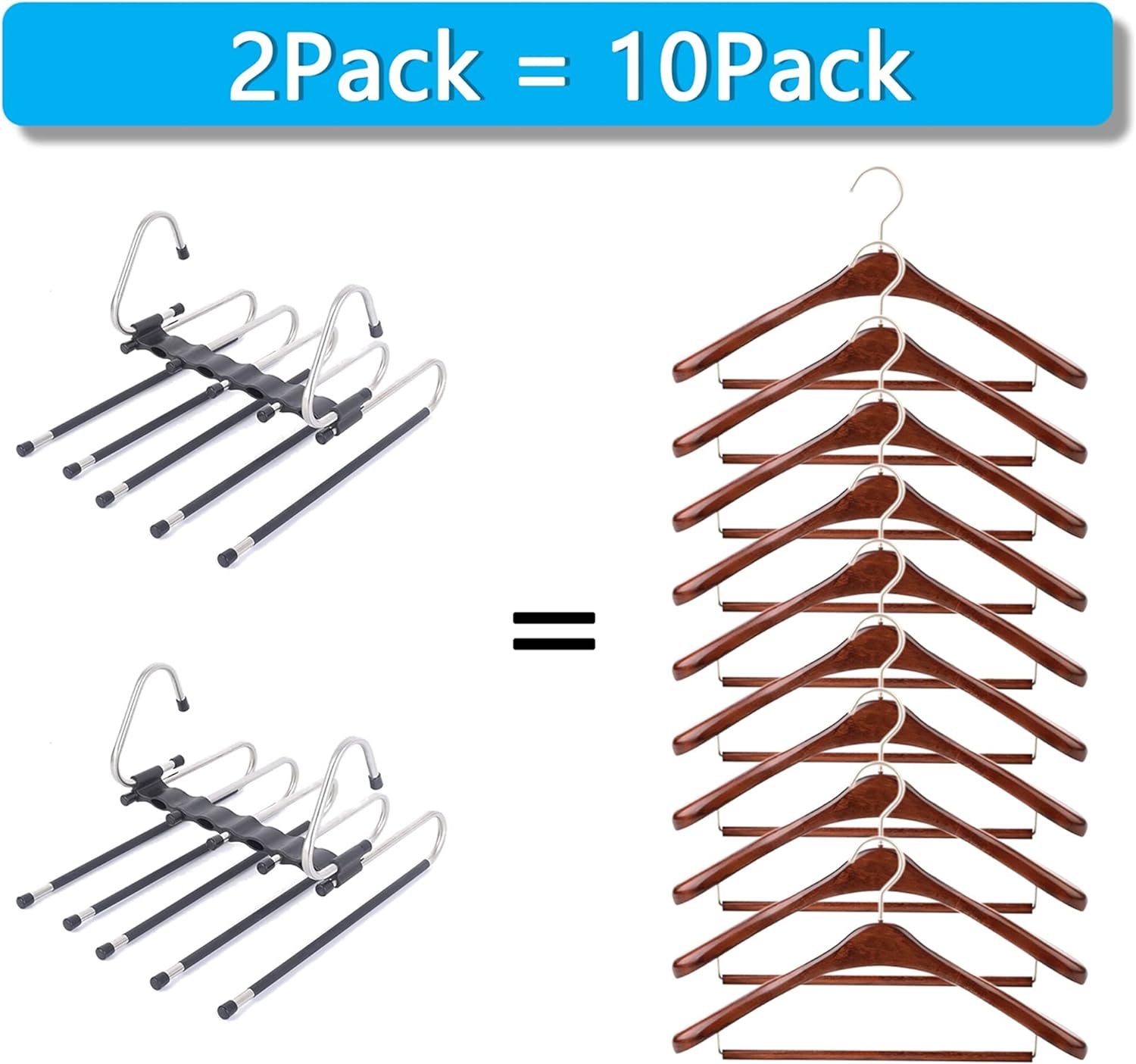 Magic Pants Hangers Space Saving - 2 Pack for Closet Multiple Layers Multifunctional Uses Rack Organizer for Trousers Scarves Slack (2 Pack with 10 Metal Clips)6