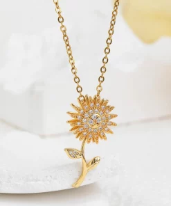 Stainless Steel Rotatable Spinning Sunflower Necklace Anti Stress Anxiety Zircon Crystal Clavicle Chain Wedding Jewelry Gifts